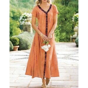 Soft Surroundings Orange Tie Dye Maxi Dress Button Short Sleeve L boho Flowy